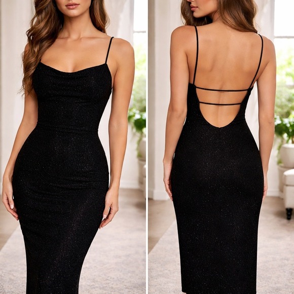 City Triangles Dresses & Skirts - City Triangles Vintage Black Sparkle Spaghetti Strap Formal Evening Gown Dress L